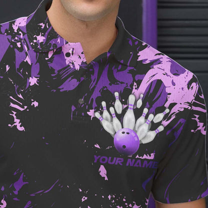 Black, Purple And Pink Custom Bowling Team Men Polo Shirts, Bowling Ball And Pin Jerseys IPHW8796