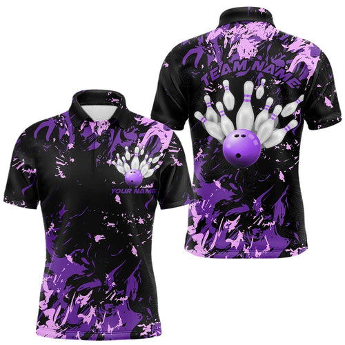 Black, Purple And Pink Custom Bowling Team Men Polo Shirts, Bowling Ball And Pin Jerseys IPHW8796