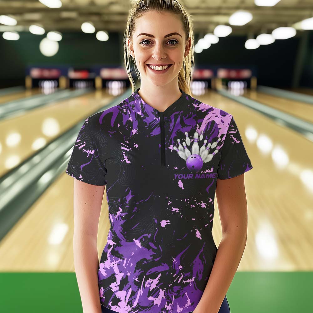 Black, Purple And Pink Custom Bowling Women Quarter-Zip Shirts, Bowling Ball And Pin Jersey IPHW8796