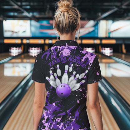 Black, Purple And Pink Custom Bowling Women Quarter-Zip Shirts, Bowling Ball And Pin Jersey IPHW8796