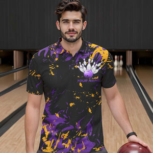 Black, Purple And Yellow Custom Bowling Team Men Polo Shirts, Bowling Ball And Pin Jerseys IPHW8797