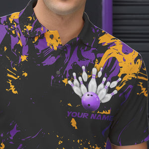 Black, Purple And Yellow Custom Bowling Team Men Polo Shirts, Bowling Ball And Pin Jerseys IPHW8797