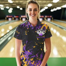 Load image into Gallery viewer, Black, Purple And Yellow Custom Bowling Team Women Polo Shirt, Bowling Ball And Pin Jerseys IPHW8797