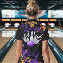 Load image into Gallery viewer, Black, Purple And Yellow Custom Bowling Team Women Polo Shirt, Bowling Ball And Pin Jerseys IPHW8797