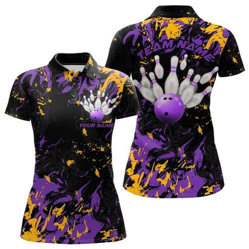 Black, Purple And Yellow Custom Bowling Team Women Polo Shirt, Bowling Ball And Pin Jerseys IPHW8797