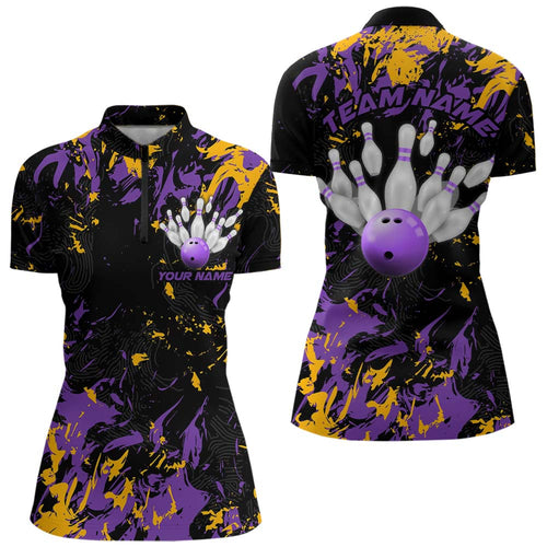 Black, Purple And Yellow Custom Bowling Women Quarter-Zip Shirts, Bowling Team Jerseys IPHW8797