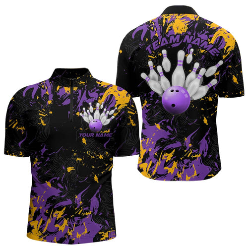 Black, Purple And Yellow Custom Bowling Team Men Quarter-Zip Shirts, Bowling Ball And Pin Jerseys IPHW8797