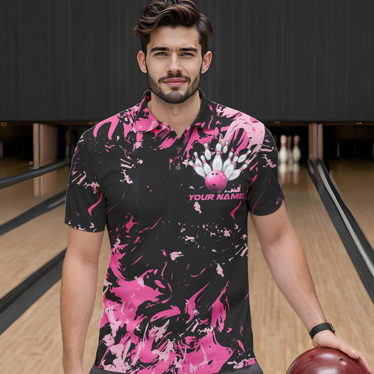 Black And Pink Custom Bowling Team Men Polo Shirts, Bowling Ball And Pin Bowling Jerseys IPHW8798