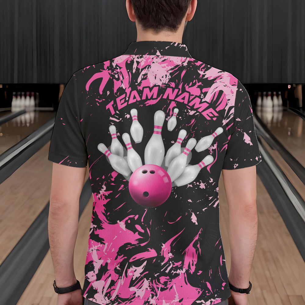 Black And Pink Custom Bowling Team Men Polo Shirts, Bowling Ball And Pin Bowling Jerseys IPHW8798