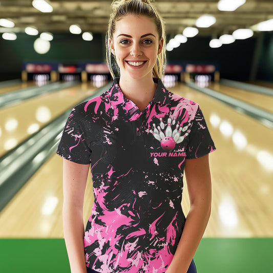 Black And Pink Custom Bowling Team Women Polo Shirts, Bowling Ball And Pin Bowling Jerseys IPHW8798