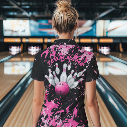 Black And Pink Custom Bowling Team Women Polo Shirts, Bowling Ball And Pin Bowling Jerseys IPHW8798