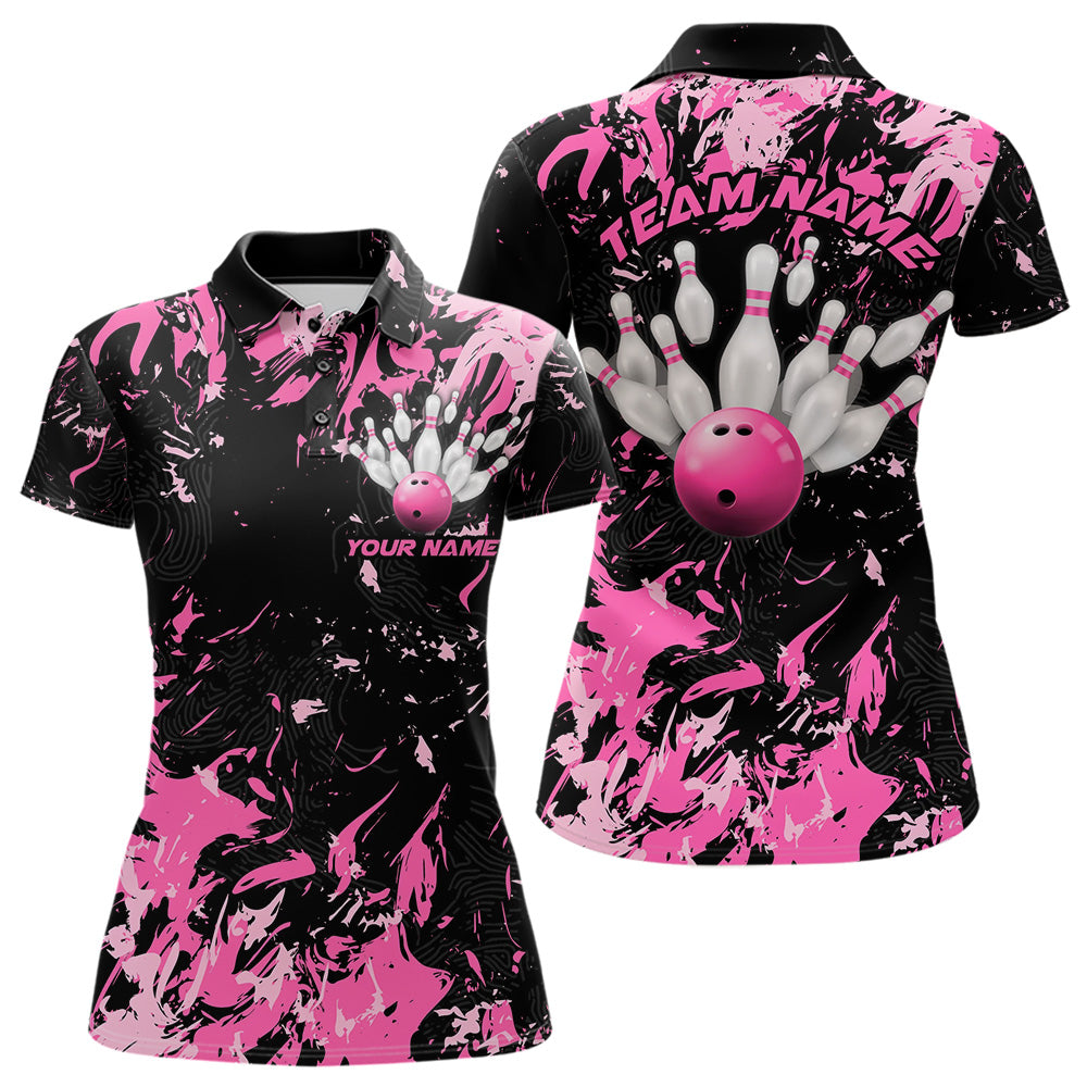 Black And Pink Custom Bowling Team Women Polo Shirts, Bowling Ball And Pin Bowling Jerseys IPHW8798