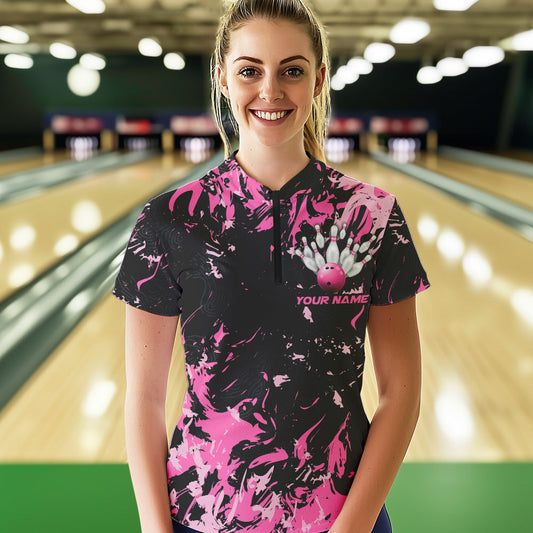 Black And Pink Custom Bowling Women Quarter-Zip Shirts, Bowling Ball And Pin Bowling Jersey IPHW8798