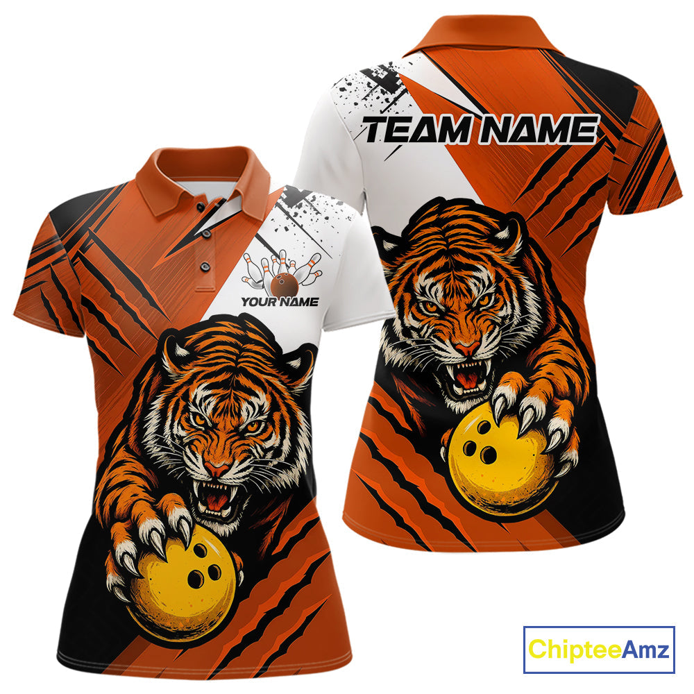 Custom Tiger Bowling Team Polo Shirts For Women, Tiger Claw Bowling Jerseys IPHW9026
