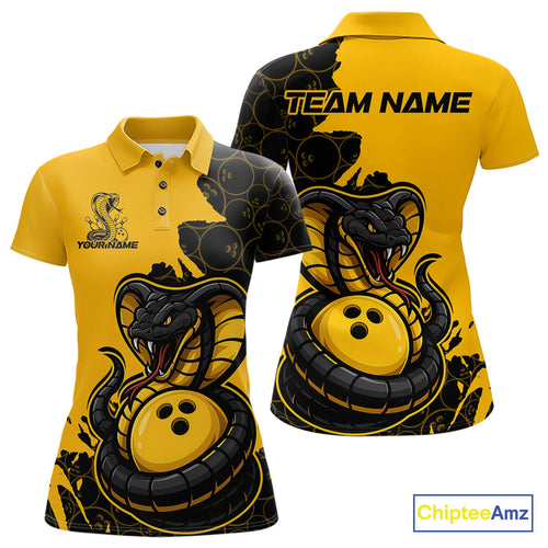 Custom Black And Yellow Cobra Snake Bowling Women Polo Shirt Team Uniform Bowling Pattern IPHW9030