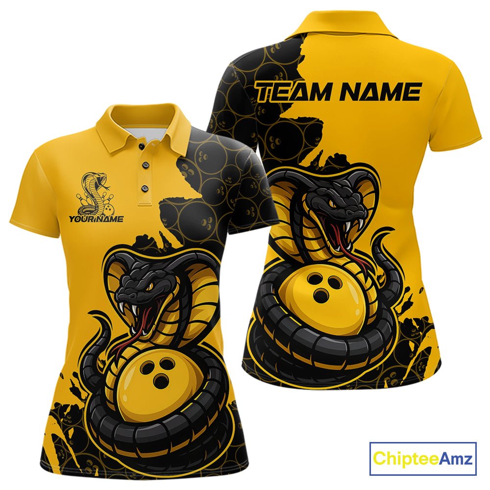 Custom Black And Yellow Cobra Snake Bowling Women Polo Shirt Team Uniform Bowling Pattern IPHW9030