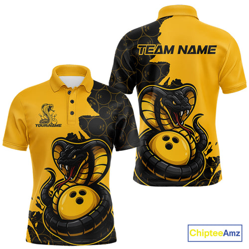 Custom Black And Yellow Cobra Snake Bowling Men Polo Shirts Team Uniform Bowling Pattern IPHW9030
