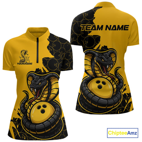 Custom Black And Yellow Cobra Snake Bowling Women Quarter-Zip Shirts Team Uniform IPHW9030