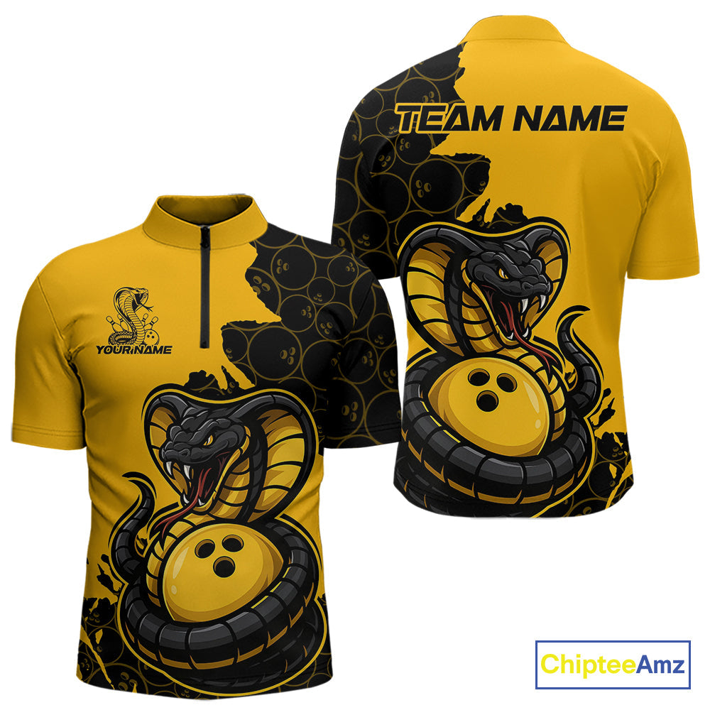 Custom Black And Yellow Cobra Snake Bowling Men Quarter-Zip Shirts Team Uniform Bowling Pattern IPHW9030
