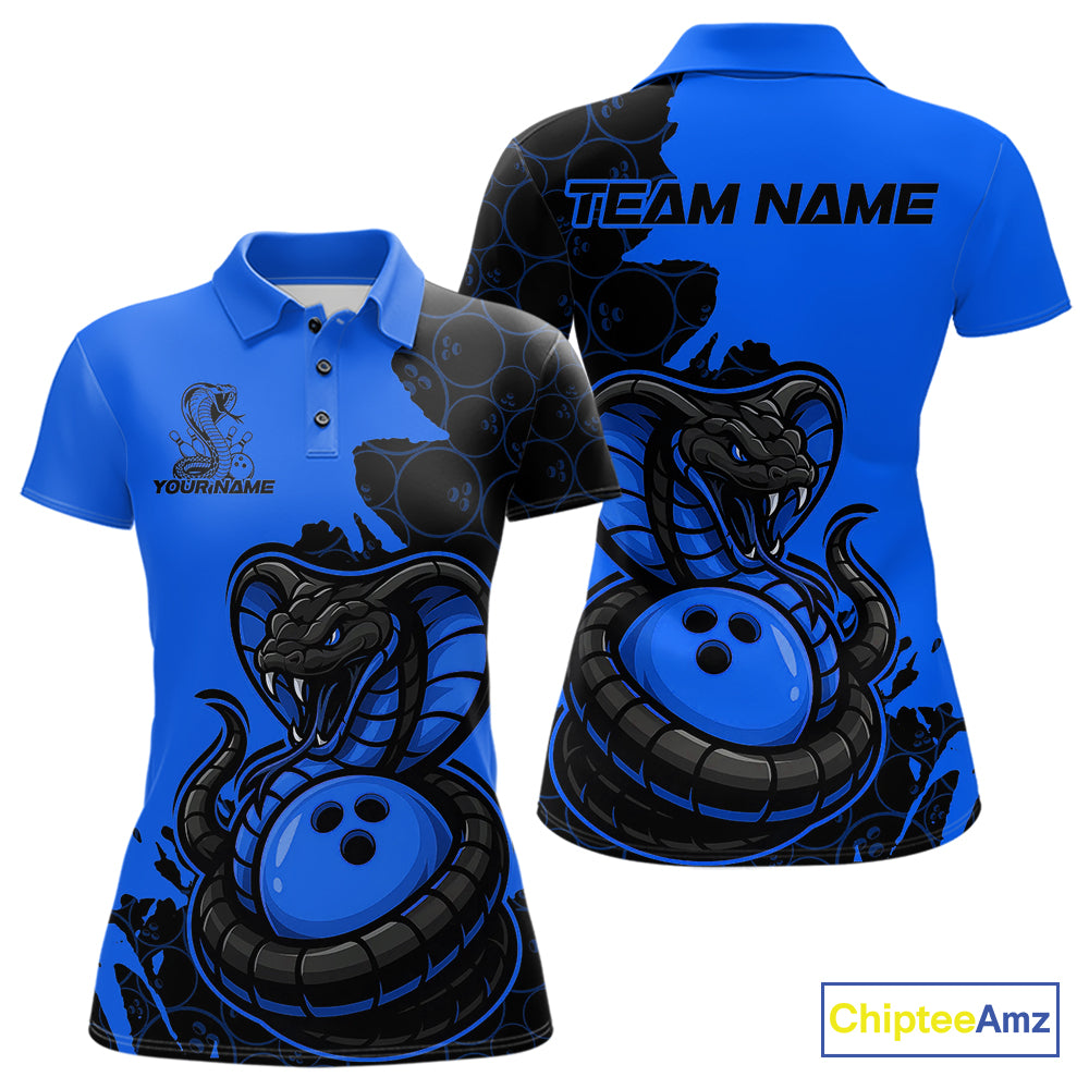 Custom Black And Blue Cobra Snake Bowling Women Polo Shirts Team Uniform Bowling Pattern IPHW9031