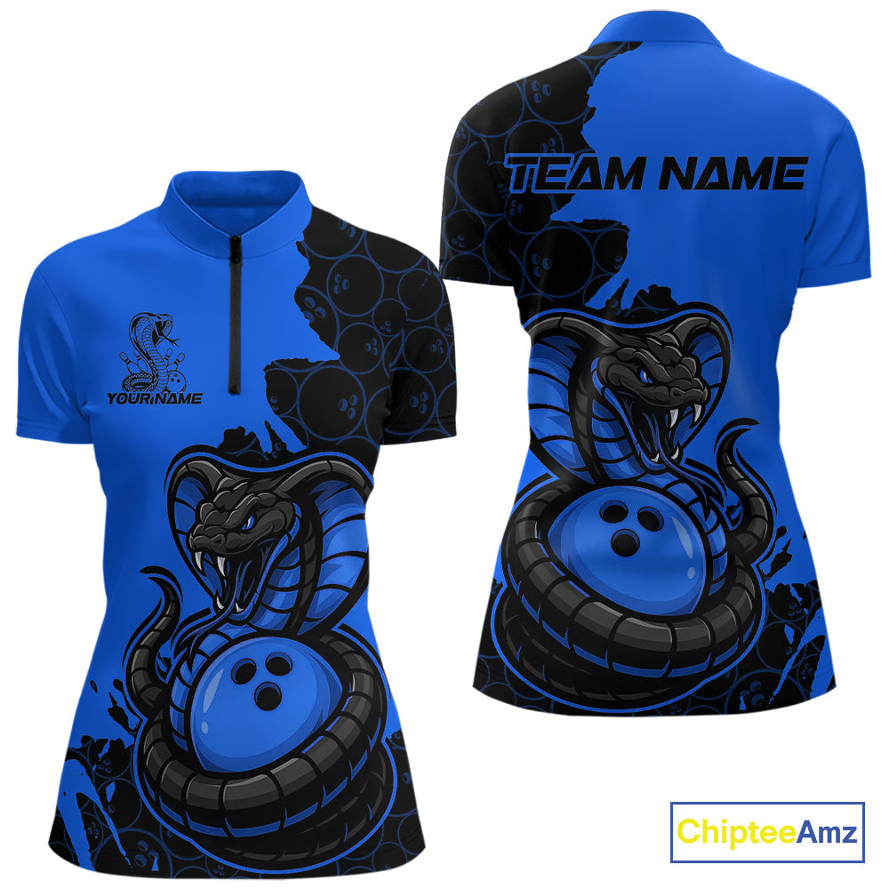 Custom Black And Blue Cobra Snake Bowling Women Quarter-Zip Shirts Team Uniform IPHW9031