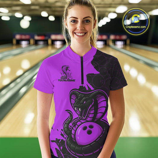 Custom Black And Purple Cobra Snake Bowling Women Quarter-Zip Shirts Team Uniform IPHW9033