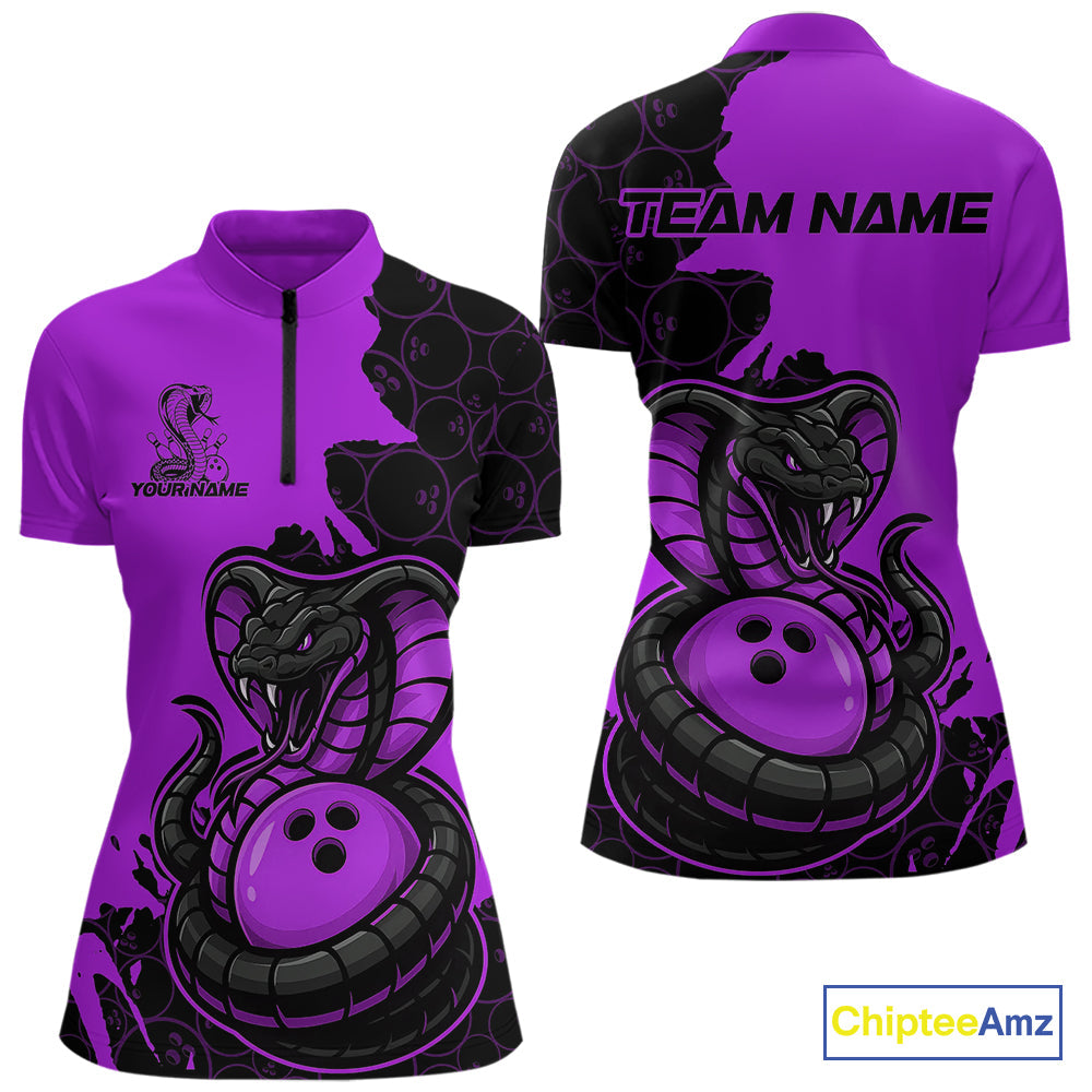 Custom Black And Purple Cobra Snake Bowling Women Quarter-Zip Shirts Team Uniform IPHW9033
