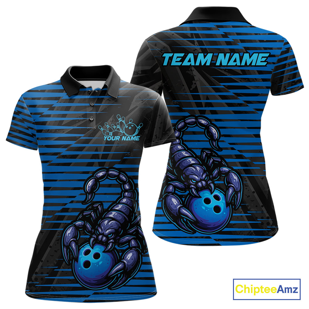 Custom Black And Blue Scorpion Bowling Team Polo Shirts For Women, Bowling League Shirt IPHW9034