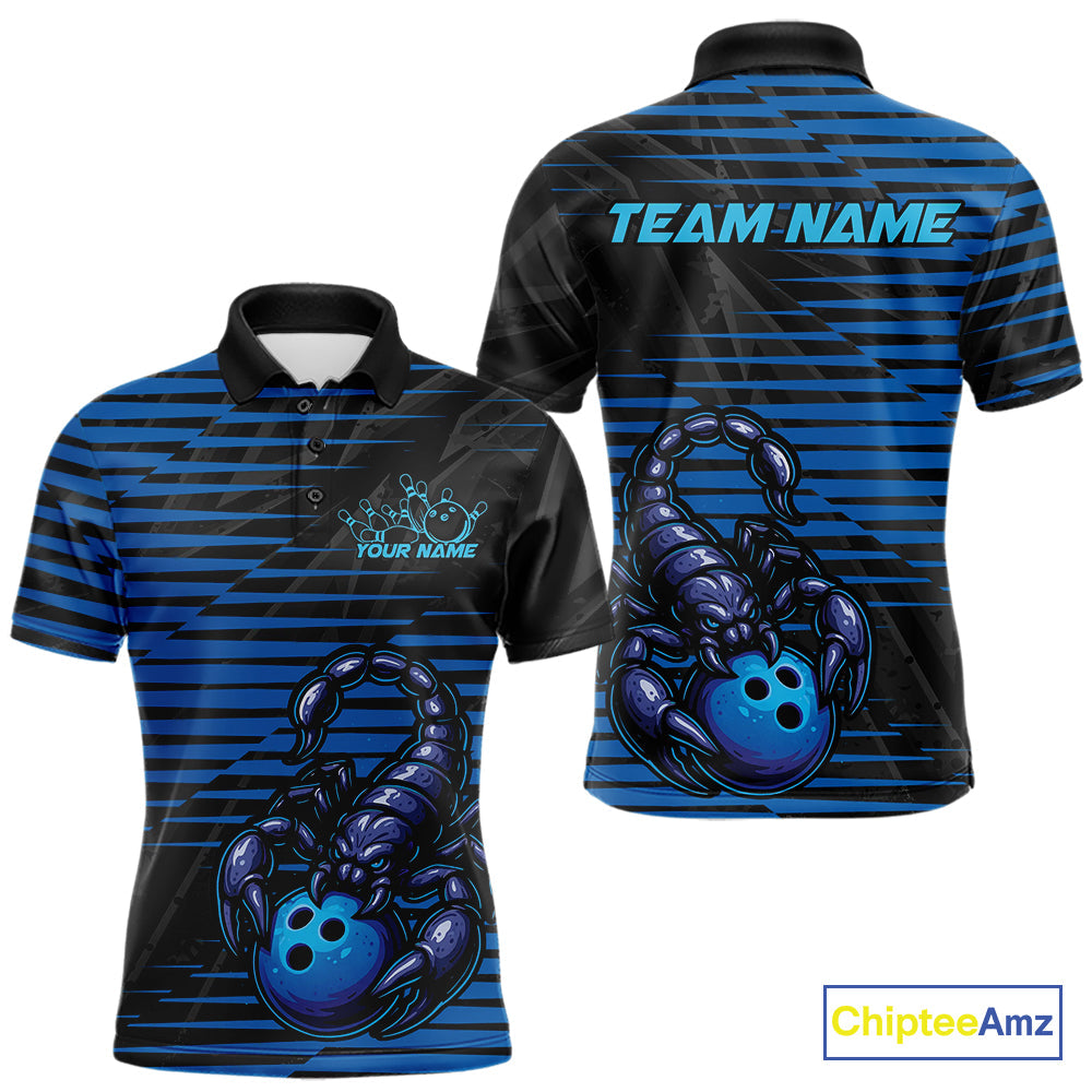 Custom Black And Blue Scorpion Bowling Team Polo Shirts For Men, Bowling League Shirt IPHW9034