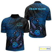 Load image into Gallery viewer, Custom Black And Blue Scorpion Bowling Team Quarter-Zip Shirts For Men, Bowling League Shirt IPHW9034