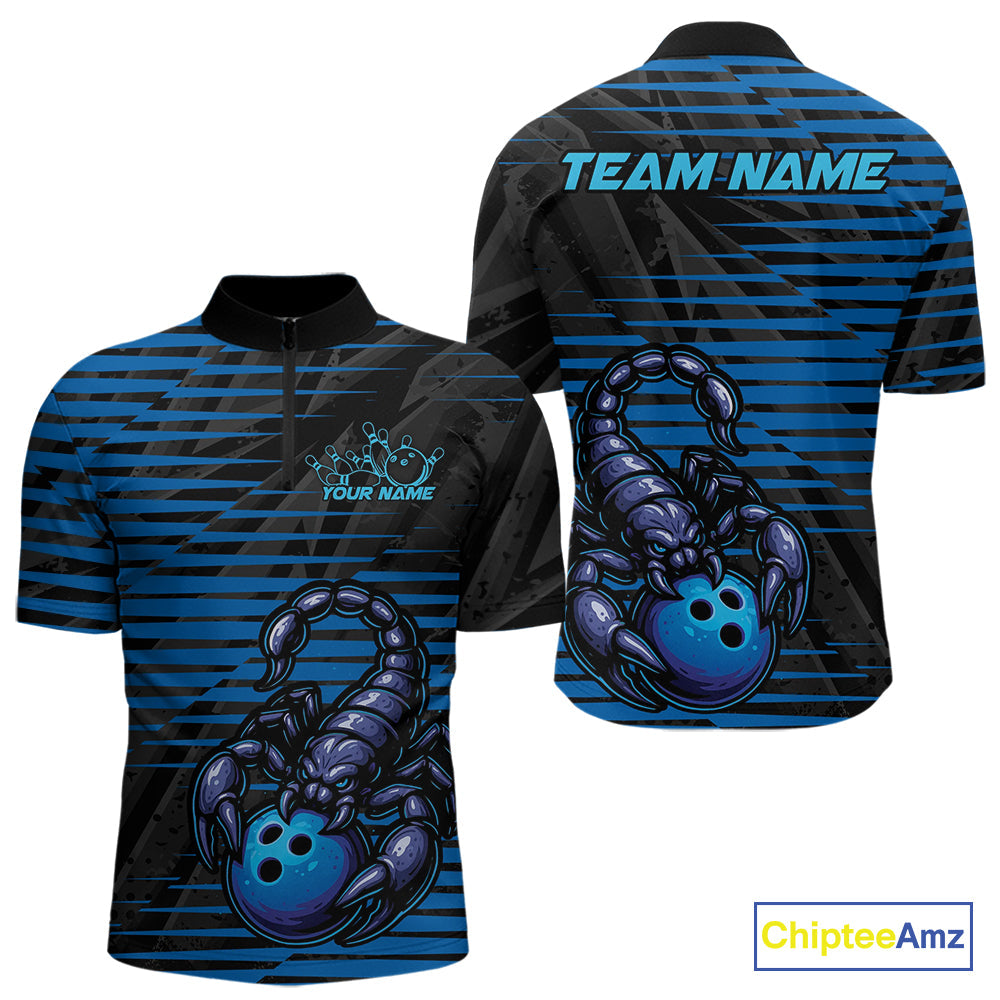 Custom Black And Blue Scorpion Bowling Team Quarter-Zip Shirts For Men, Bowling League Shirt IPHW9034