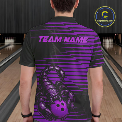 Custom Black And Purple Scorpion Bowling Team Polo Shirts For Men, Bowling League Shirt IPHW9035