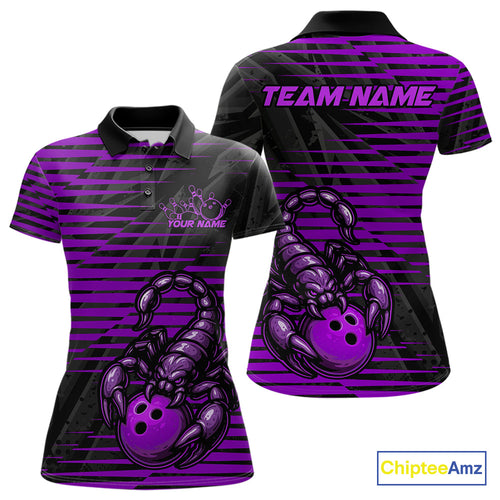 Custom Black And Purple Scorpion Bowling Team Polo Shirts For Women, Bowling League Shirt IPHW9035