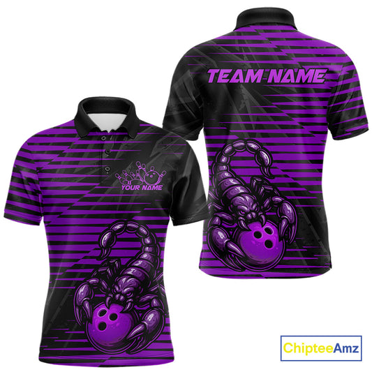 Custom Black And Purple Scorpion Bowling Team Polo Shirts For Men, Bowling League Shirt IPHW9035