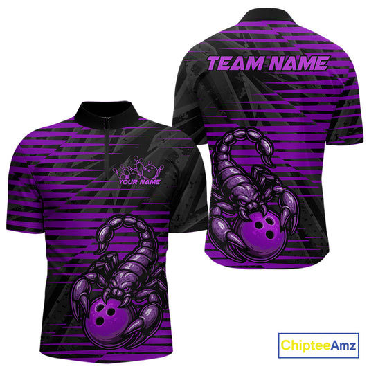 Custom Black And Purple Scorpion Bowling Team Quarter-Zip Shirts For Men, Bowling League Shirt IPHW9035