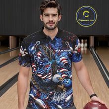 Load image into Gallery viewer, Front view of a male model in a bowling lane wearing a polo shirt with flaming bald eagle, blue bowling ball, American flag, and blue flames.