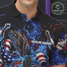 Load image into Gallery viewer, Close up left chest view of a bowling polo shirt with flaming bald eagle artwork, blue bowling ball, American flag, and blue flames.