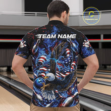 Load image into Gallery viewer, Male model front view at the bowling lane wearing a bowling quarter zip shirt with flaming eagle graphics, blue bowling ball, flag accents, and blue flames.