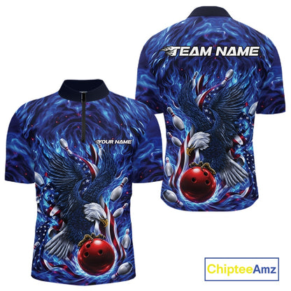 Men’s bowling quarter zip shirt mockup shown front and back with eagle artwork positioned around a bowling ball, flag elements, and pins.