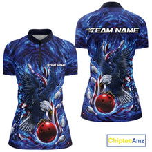 Load image into Gallery viewer, Women’s bowling quarter zip mockup shown front and back with eagle artwork positioned around a bowling ball, flowing flag elements, and pins.