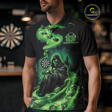 Load image into Gallery viewer, Custom Green Flame Grim Reaper Dart Men Polo Shirts, Dart Team Halloween Outfits IPHW9980