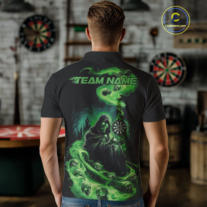 Custom Green Flame Grim Reaper Dart Men Polo Shirts, Dart Team Halloween Outfits IPHW9980