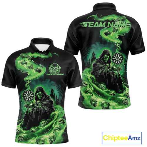 Custom Green Flame Grim Reaper Dart Men Polo Shirts, Dart Team Halloween Outfits IPHW9980