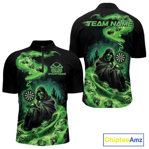 Custom Green Flame Grim Reaper Dart Men Quarter-Zip Shirts, Dart Team Halloween Outfits IPHW9980