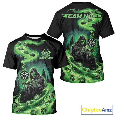 Custom Green Flame Grim Reaper Dart Men T-Shirts, Dart Team Halloween Outfits IPHW9980