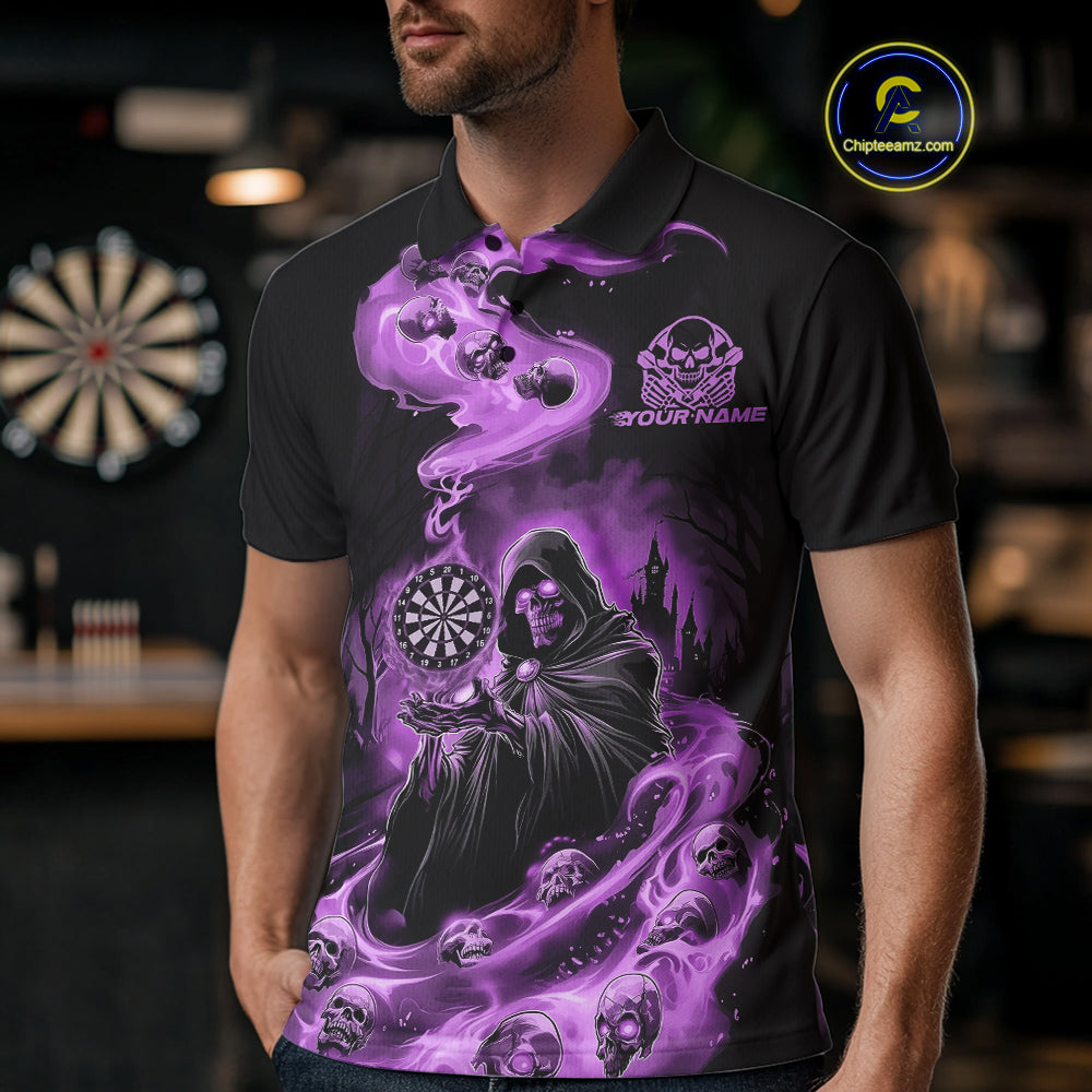 Custom Purple Flame Grim Reaper Dart Men Polo Shirts, Dart Team Halloween Outfits IPHW9981