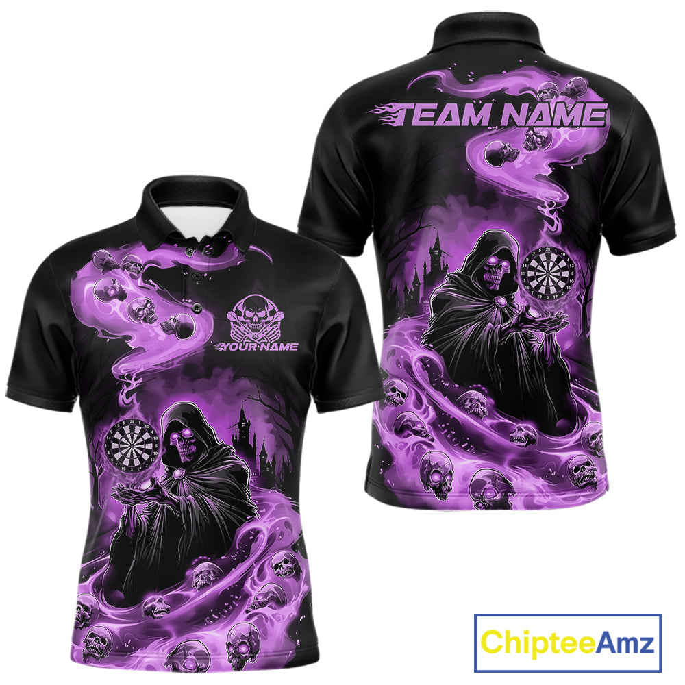 Custom Purple Flame Grim Reaper Dart Men Polo Shirts, Dart Team Halloween Outfits IPHW9981