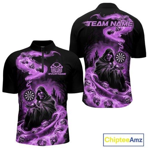 Custom Purple Flame Grim Reaper Dart Men Quarter-Zip Shirts, Dart Team Halloween Outfits IPHW9981