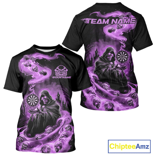 Custom Purple Flame Grim Reaper Dart Men T-Shirts, Dart Team Halloween Outfits IPHW9981