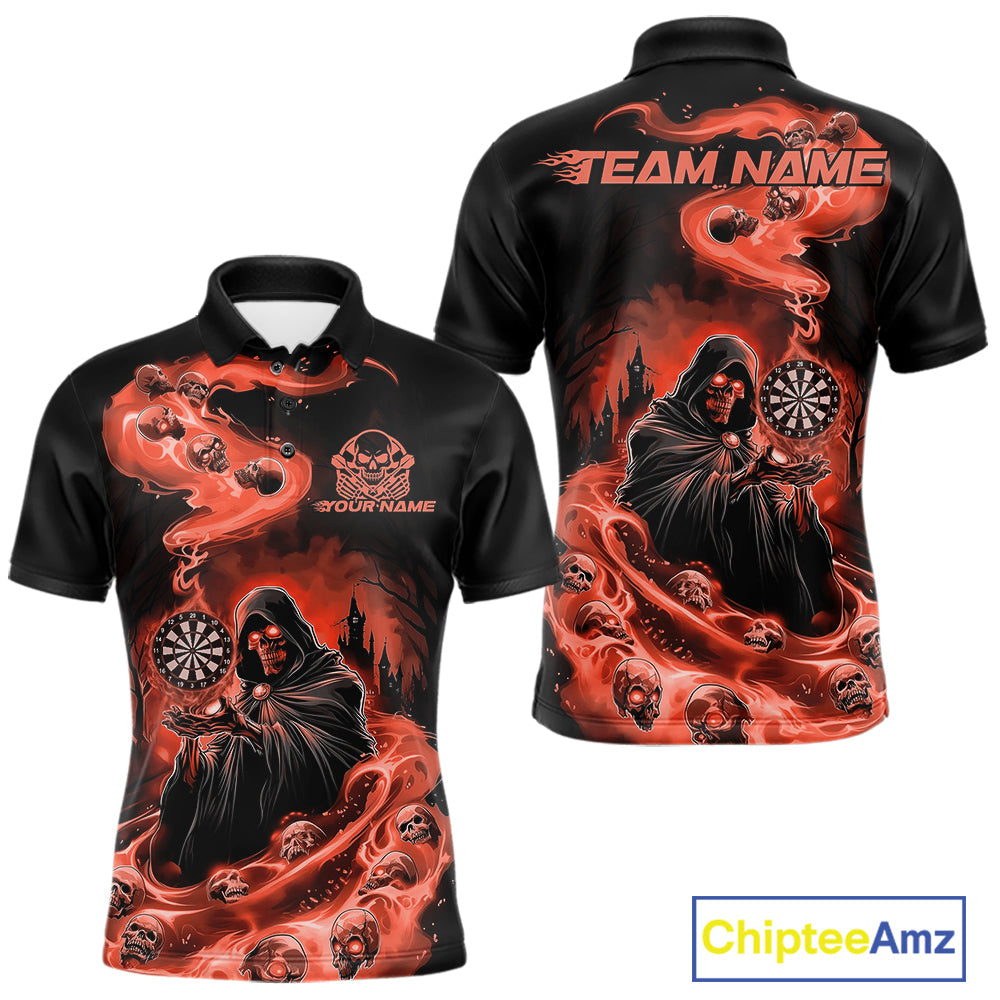 Custom Orange Flame Grim Reaper Dart Men Polo Shirts, Dart Team Halloween Outfits IPHW9982